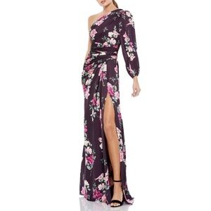 NWT IEENA for MacDuggal Plum Floral One Shoulder Long Sleeve Gown Sz. XS